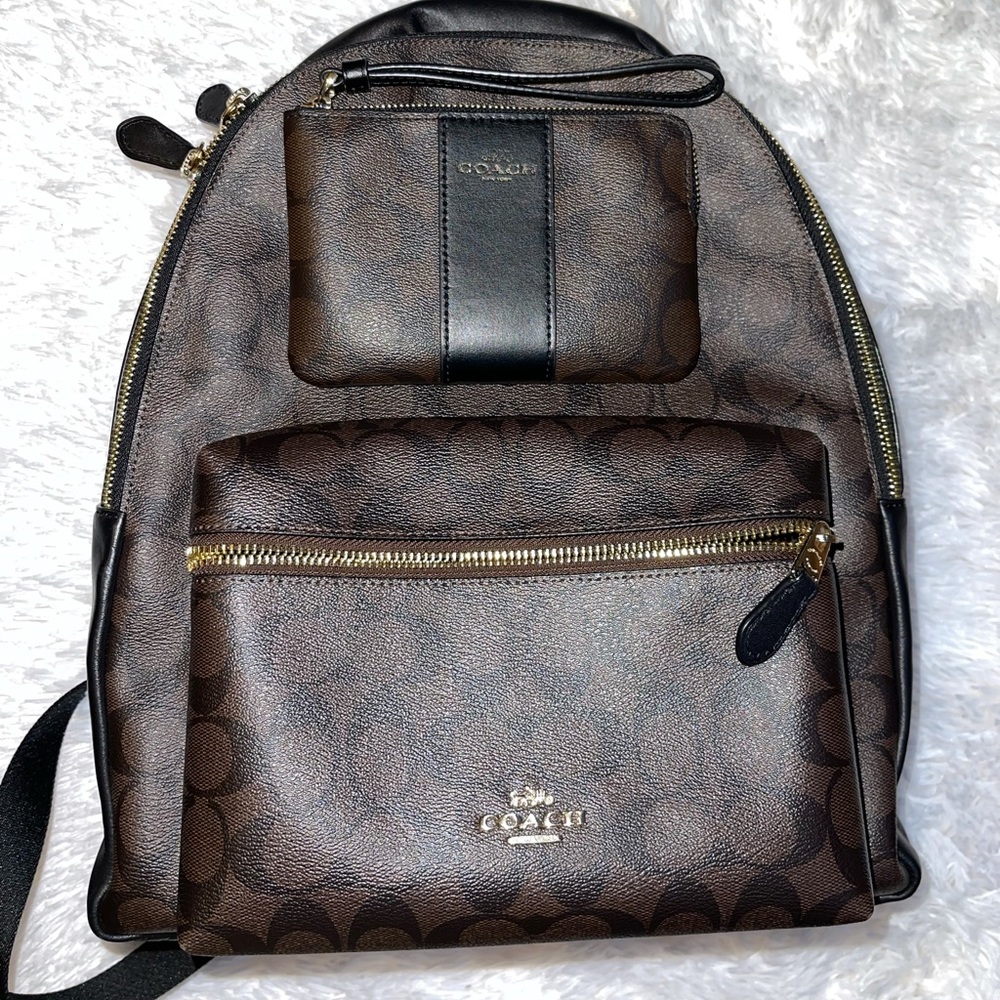 Coach Brown Signature Coated Canvas Backpack with Black Trim